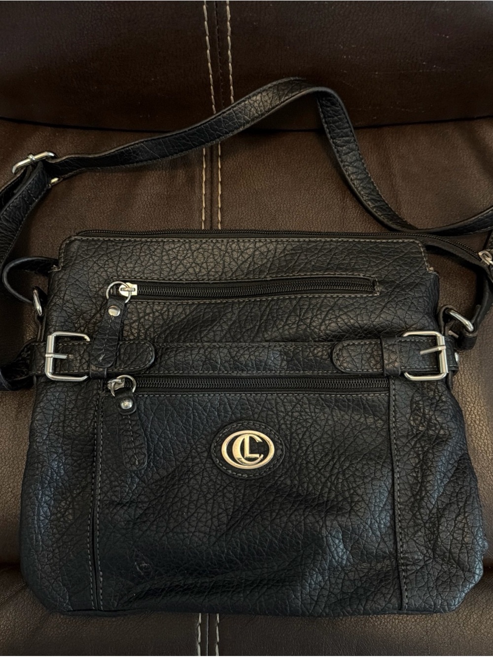 Aurielle Carryland Black Faux Leather 6 Pocket Shoulder Crossbody Bag